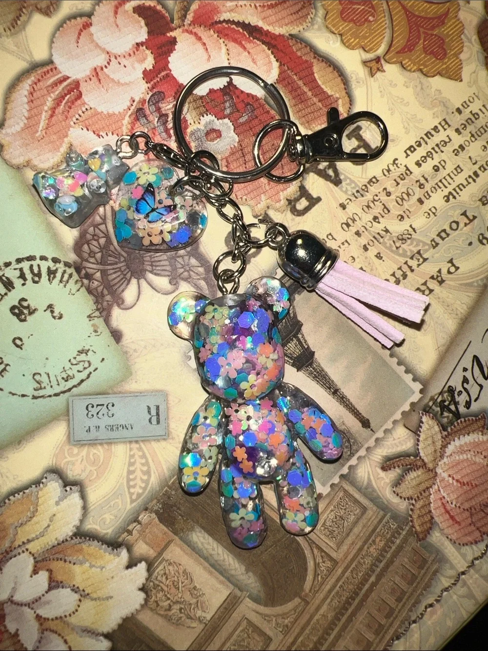 Hand Crafted Multicolor Glitter Teddy Bear Keychain with Pink Tassel